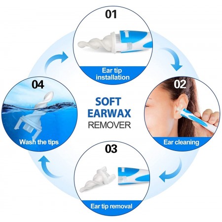 Meidong Ear Wax Removal Tool Smart Spiral Swab Q Grips Earwax Remover Ear Wax Cleaner Cleaning Spiral Heads Earwax Remover Ear Wax Remover KIT Safe Soft Silicone with 16 Replacement Tips